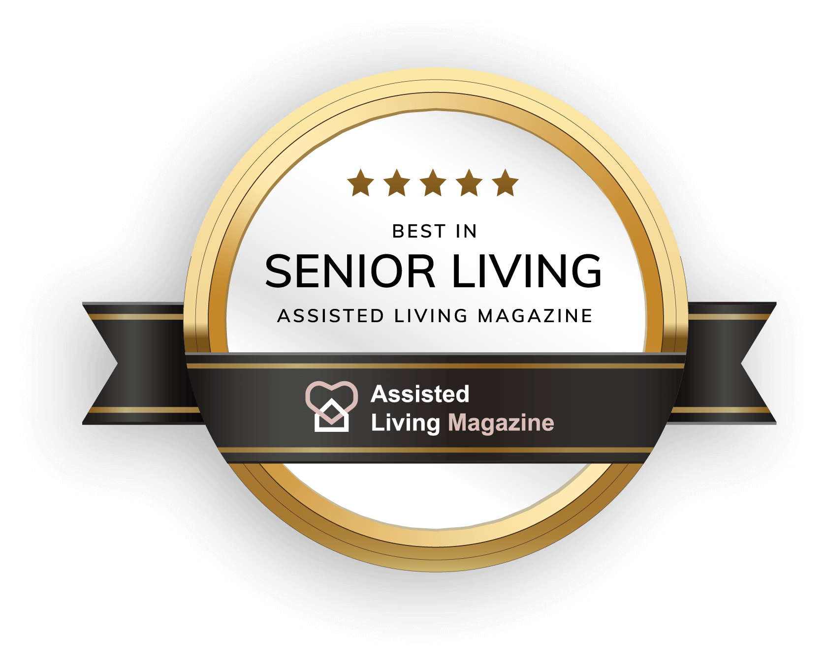 Gold and white award badge with black ribbon, text reads “Best in Senior Living, Assisted Living Magazine.” Five stars are displayed at the top of the badge, recognizing excellence in senior living in Illinois. Gold and white award badge with black ribbon, text reads "Best in Senior Living, Assisted Living Magazine." Five stars are displayed at the top of the badge, recognizing excellence in senior living in Illinois.